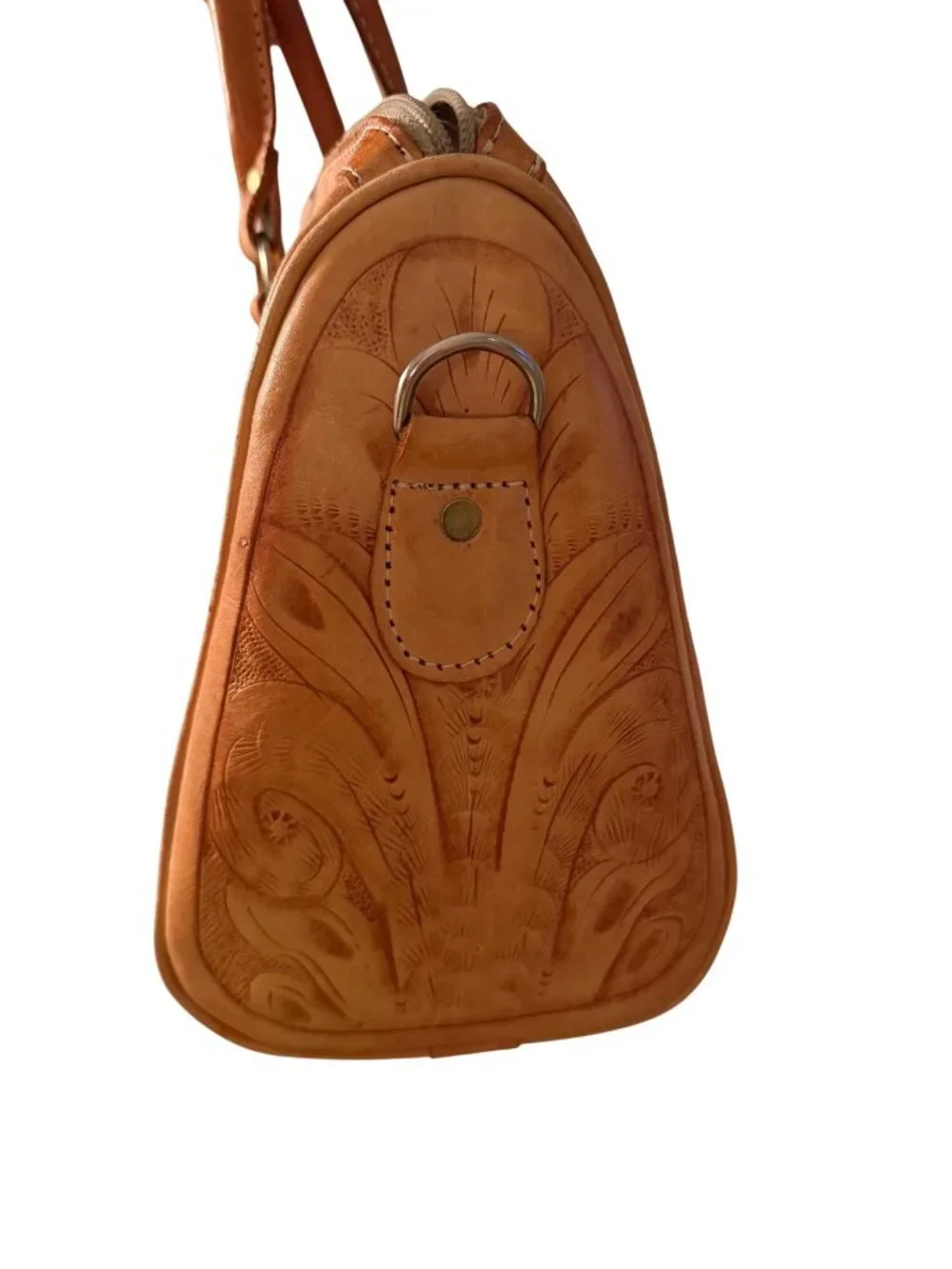 Vintage Womens Rectangular Hand-tooled Leather Handbag Top Handles Tan Western